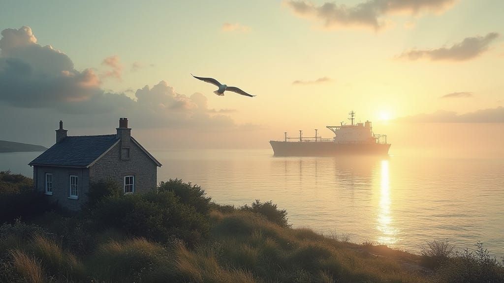 Detailed Afternoon Scene with Tanker Ship and Seaside Cottag...