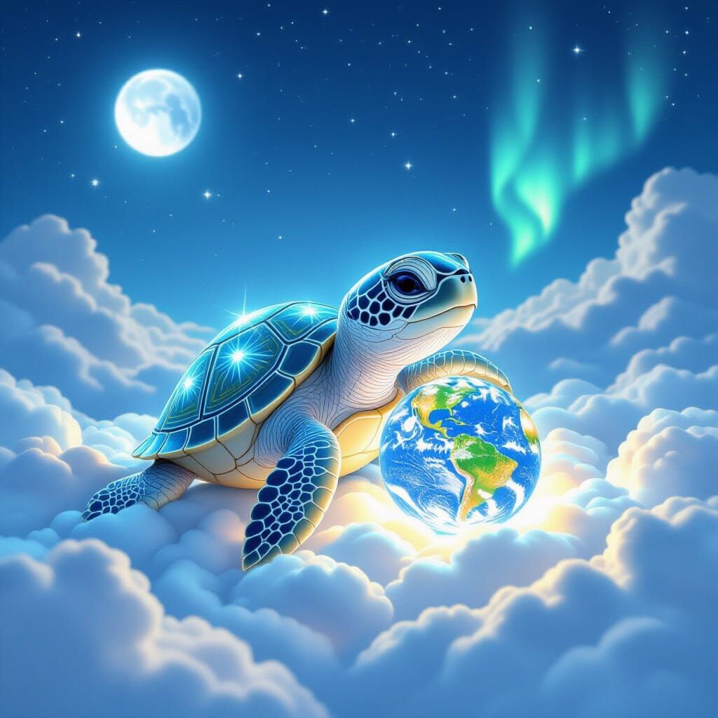 Crystalline Turtle with Earth Sphere on Clouds