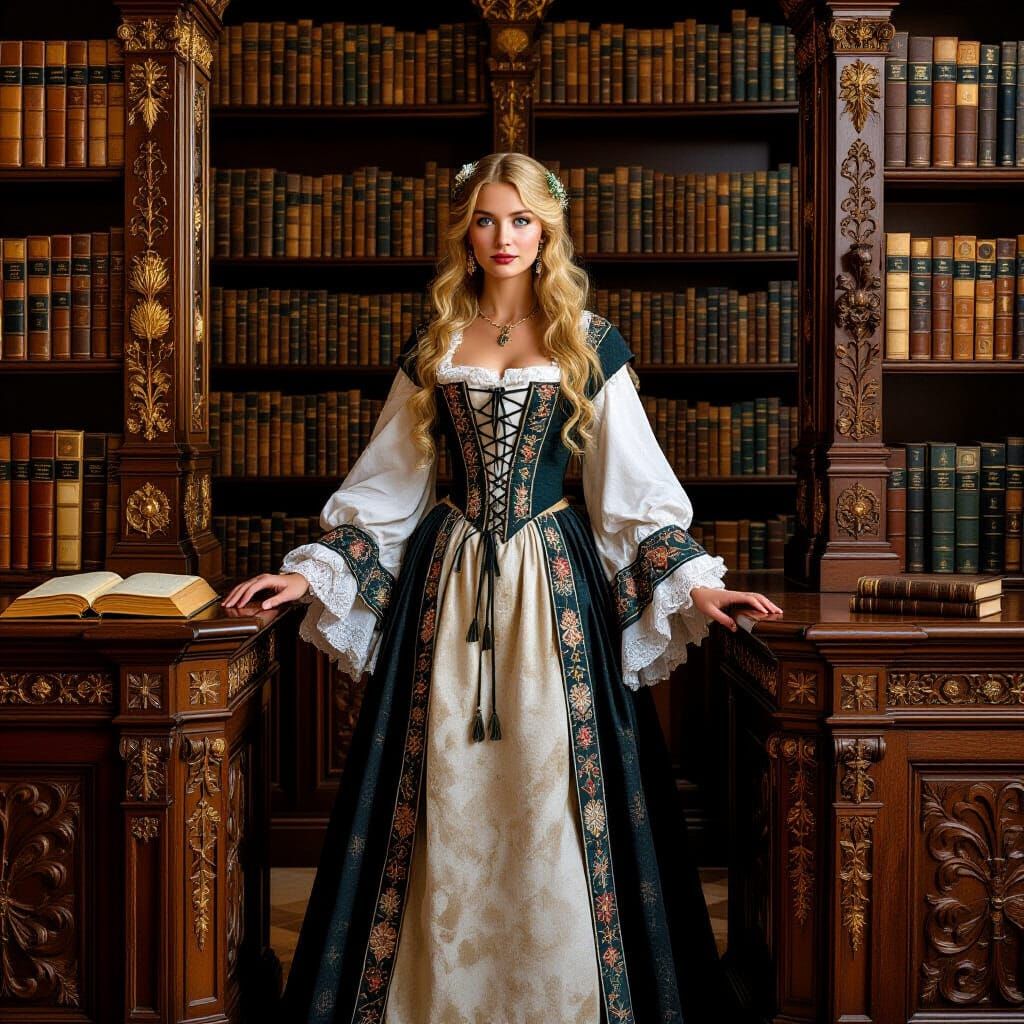 Medieval Woman in Baroque Library, Art Nouveau Style
