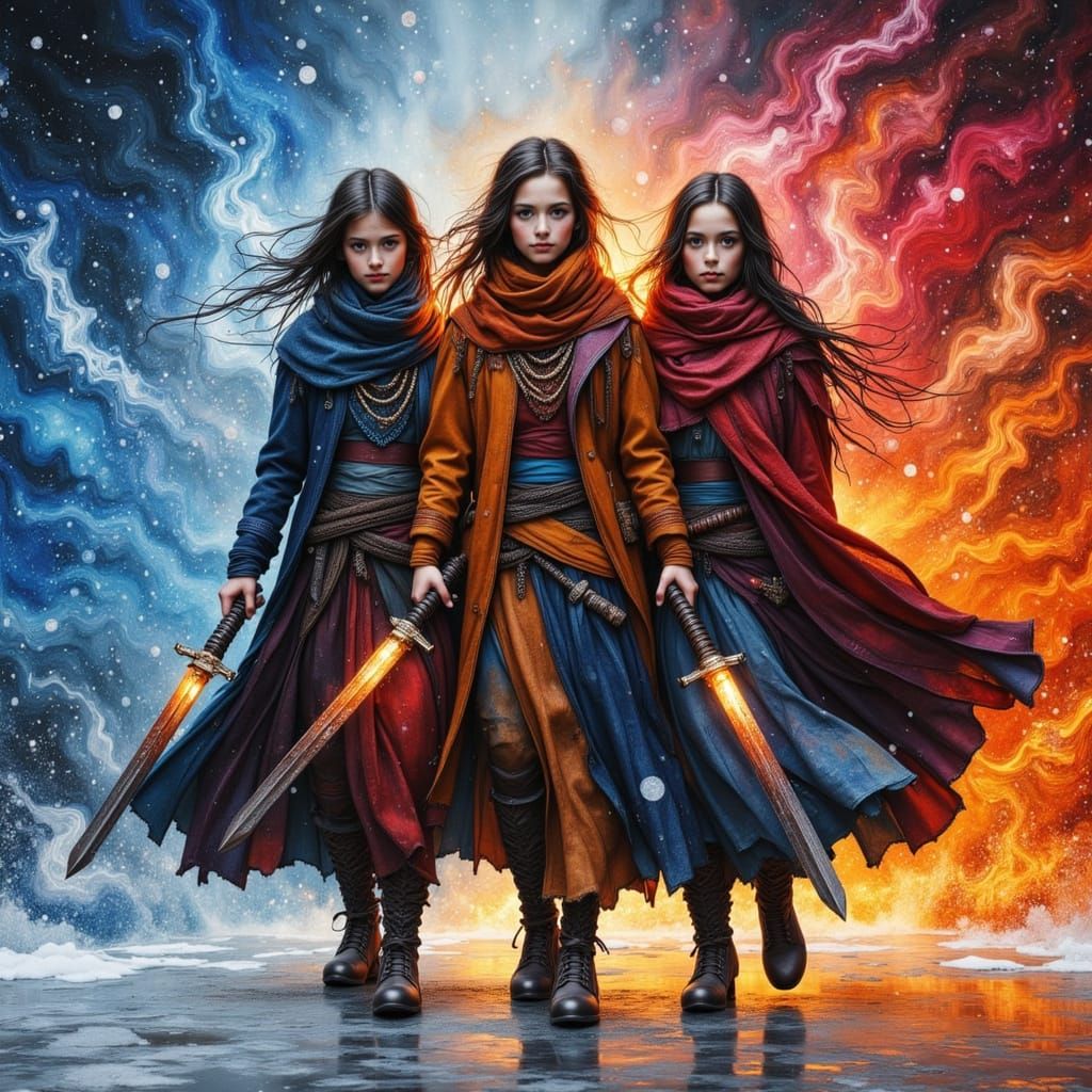 Three Friends Drawing Elemental Swords