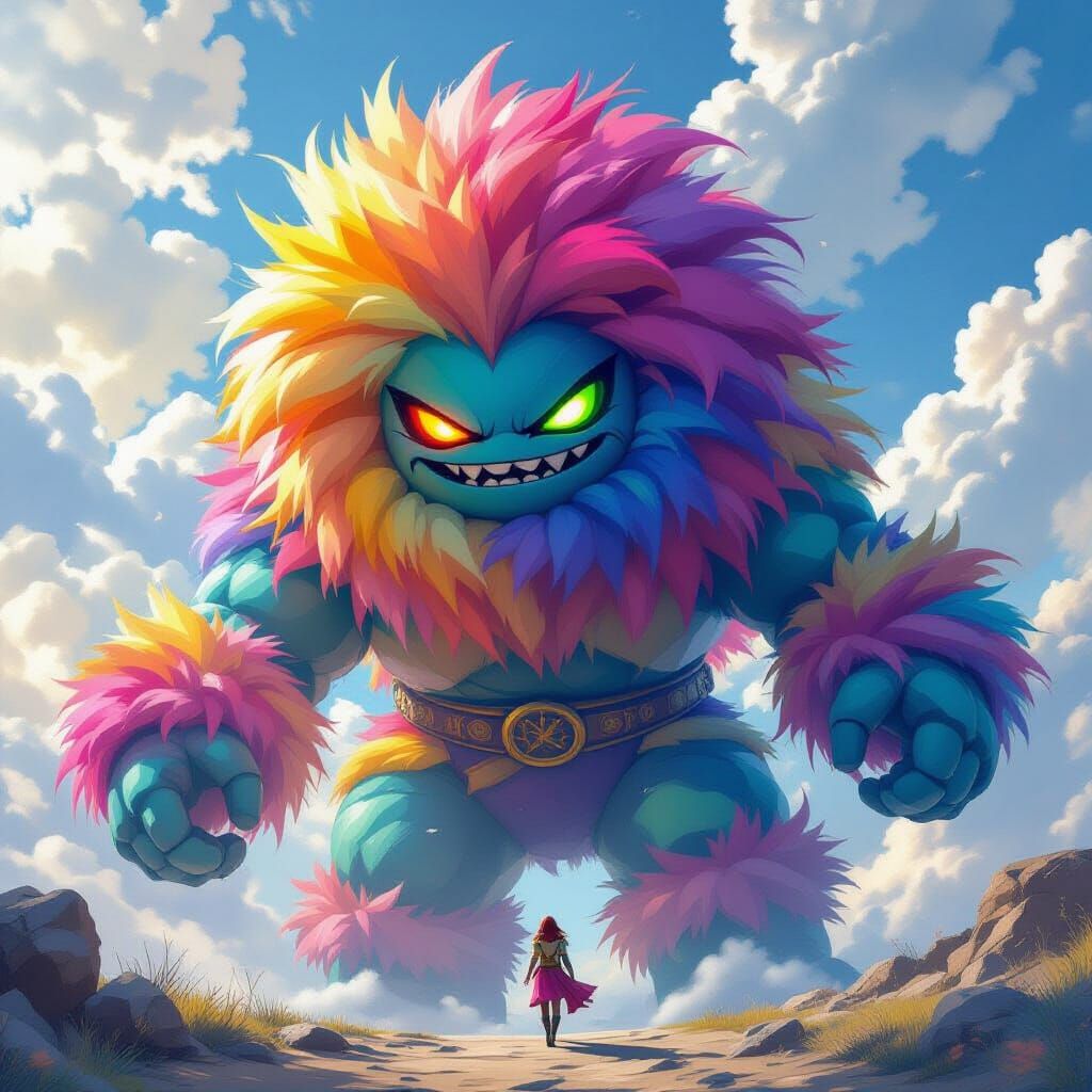 Adventurer on Fluffy Golem in Photorealistic Digital Art