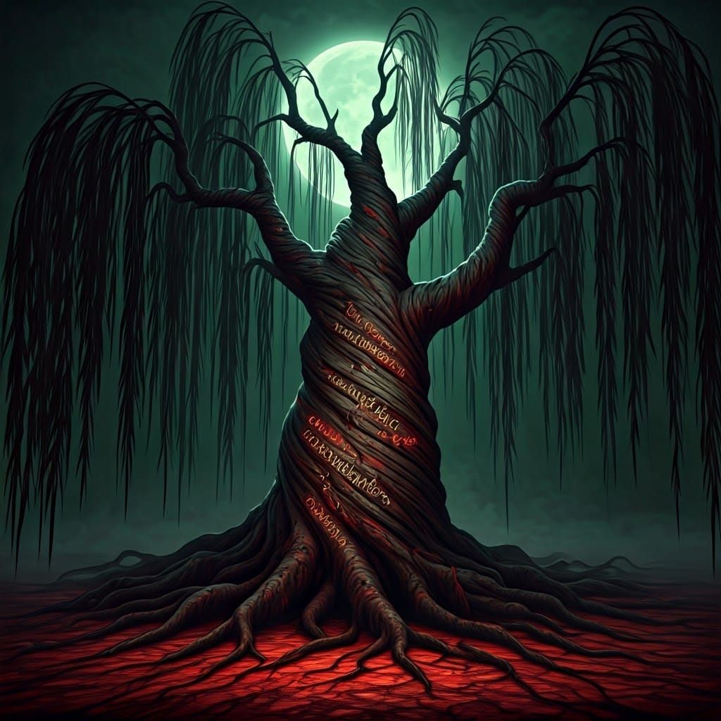 Twisted Willow Tree in Lunar Eclipse Lit Sky