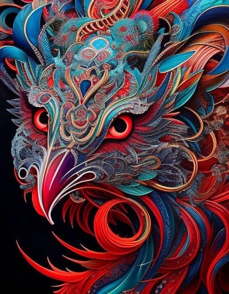 Intricate Silver and Red Rooster in Japanese Art Style