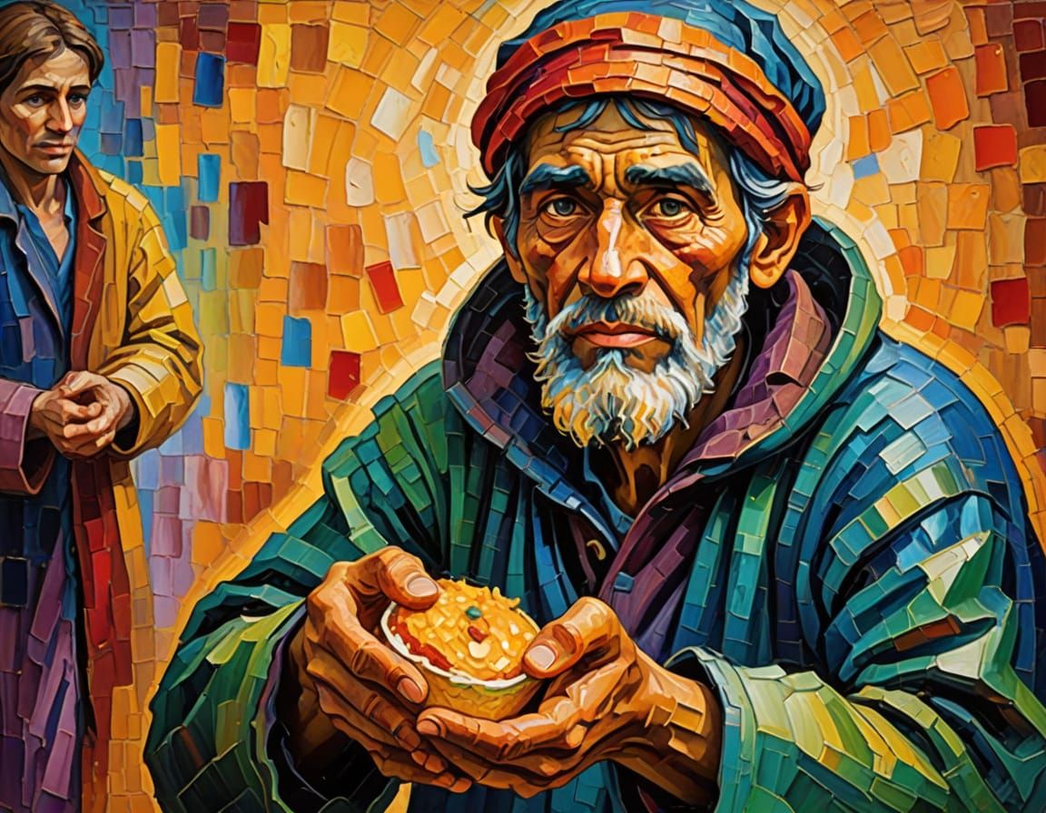 Expressionist Oil Painting of Beggar in Impasto Style