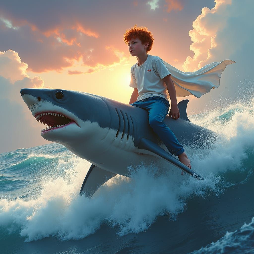 Boy on Shark Soaring Through Dreamlike Sky