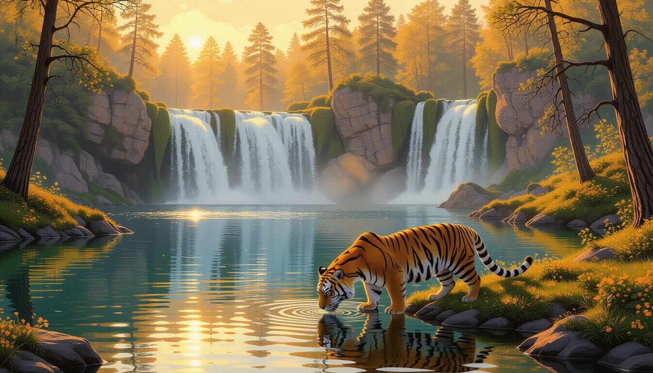Tiger at Waterfall in Spring Landscape