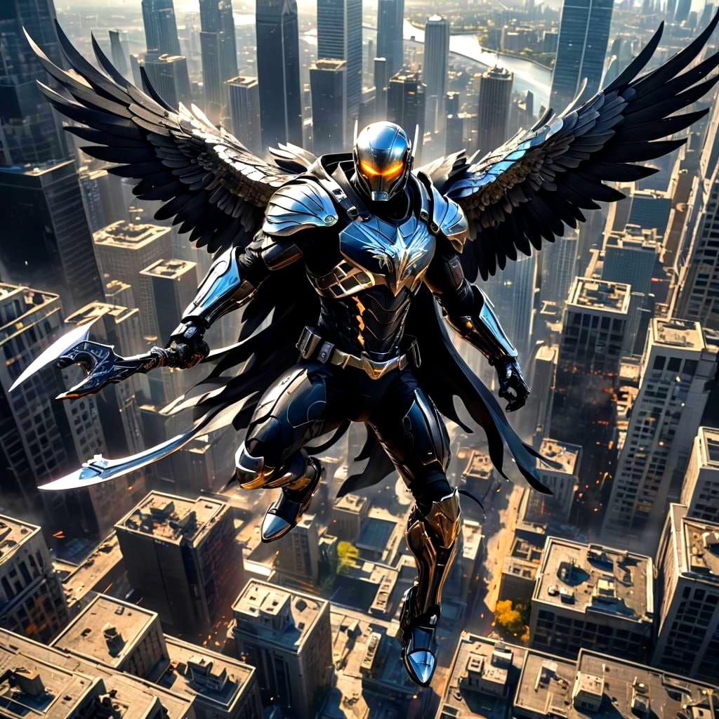 Cybernetic Eagle Superhero Flying with Scythe