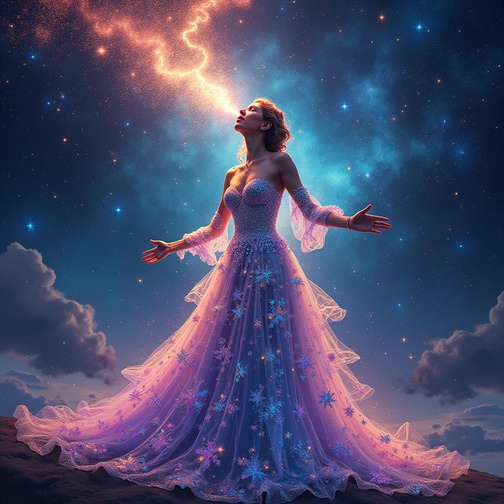 Woman in Iridescent Gown Amidst Cosmic Landscape