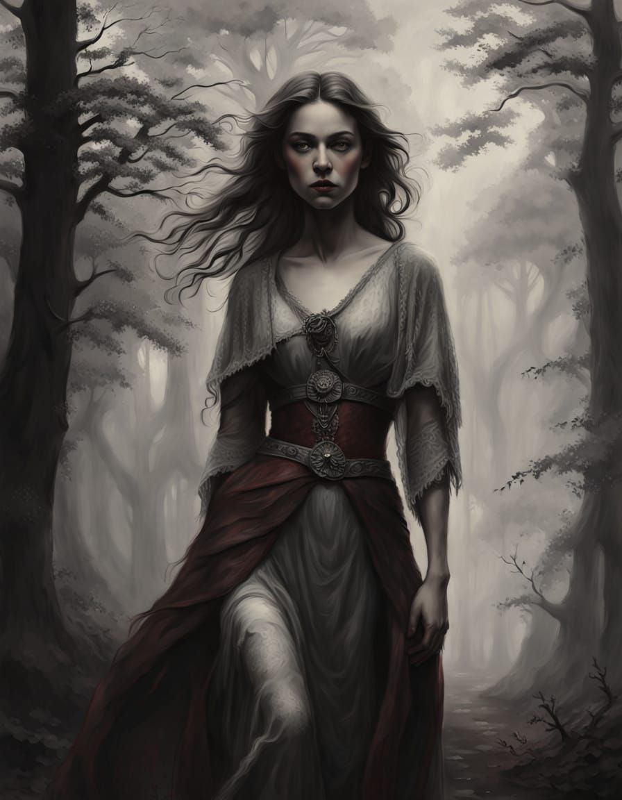 Huntress in Misty Graveyard, Art Nouveau Tonalism Style