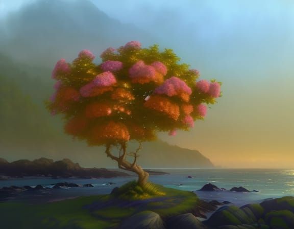 Vibrant Hydrangea Tree in Golden Light, Seaside Landscape