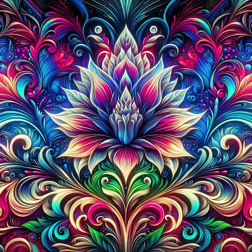 Psychedelic Neon Floral Pattern in Baroque Rococo Style