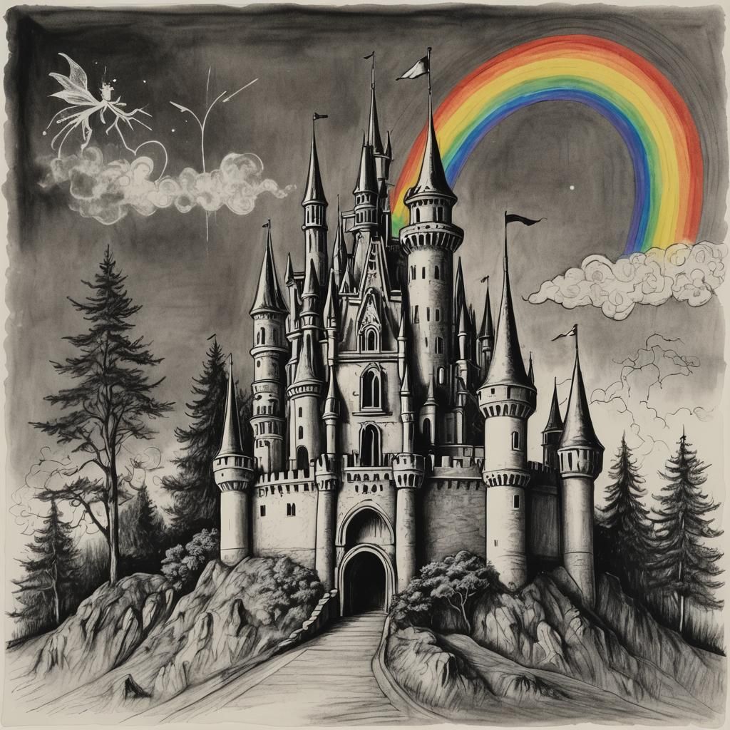 Surreal Castle Crayon Drawing with Rainbow Fairy