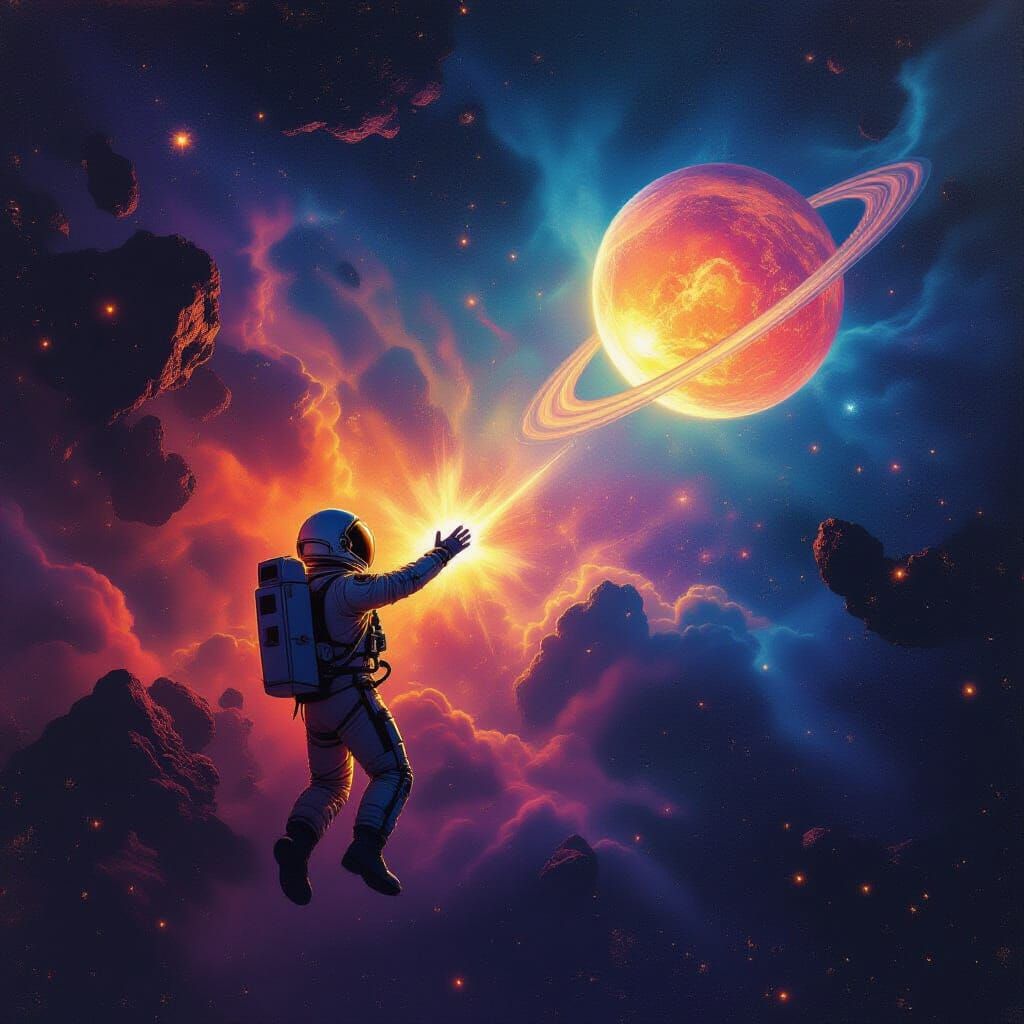 Astronaut Adrift in Nebula Reaching for Glowing Planet