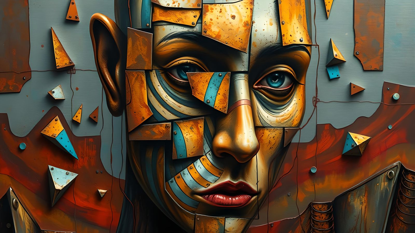 Abstract Cubist Face Formed from Rusty Metal