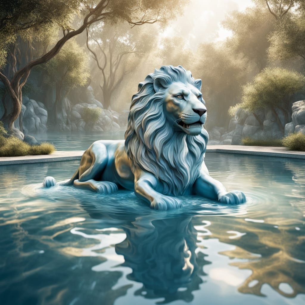 Surrealist Water Sculpture of a Majestic Lion in a Serene Po...