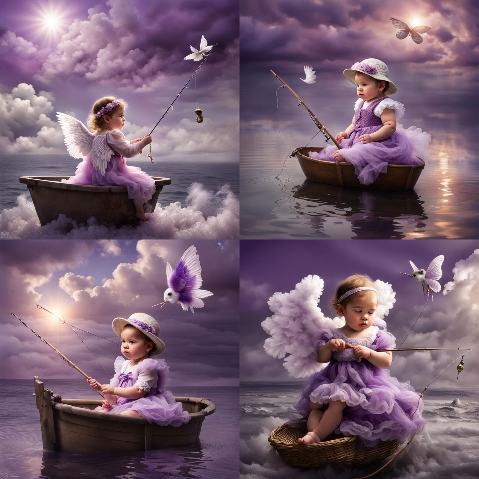 Victorian Baby Girl Fishing with Wings