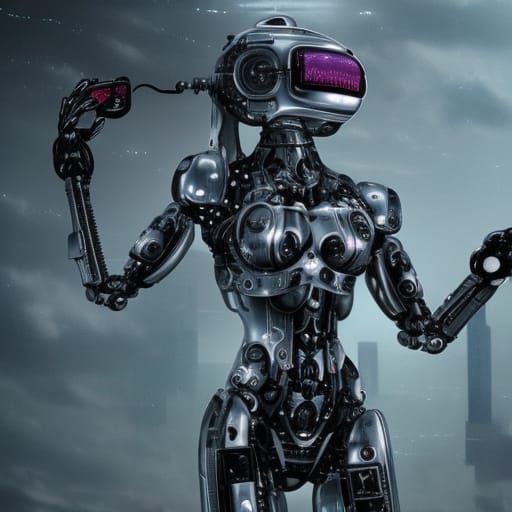 Hyper-Detailed Female Cyborg Robot Holding Love Sign