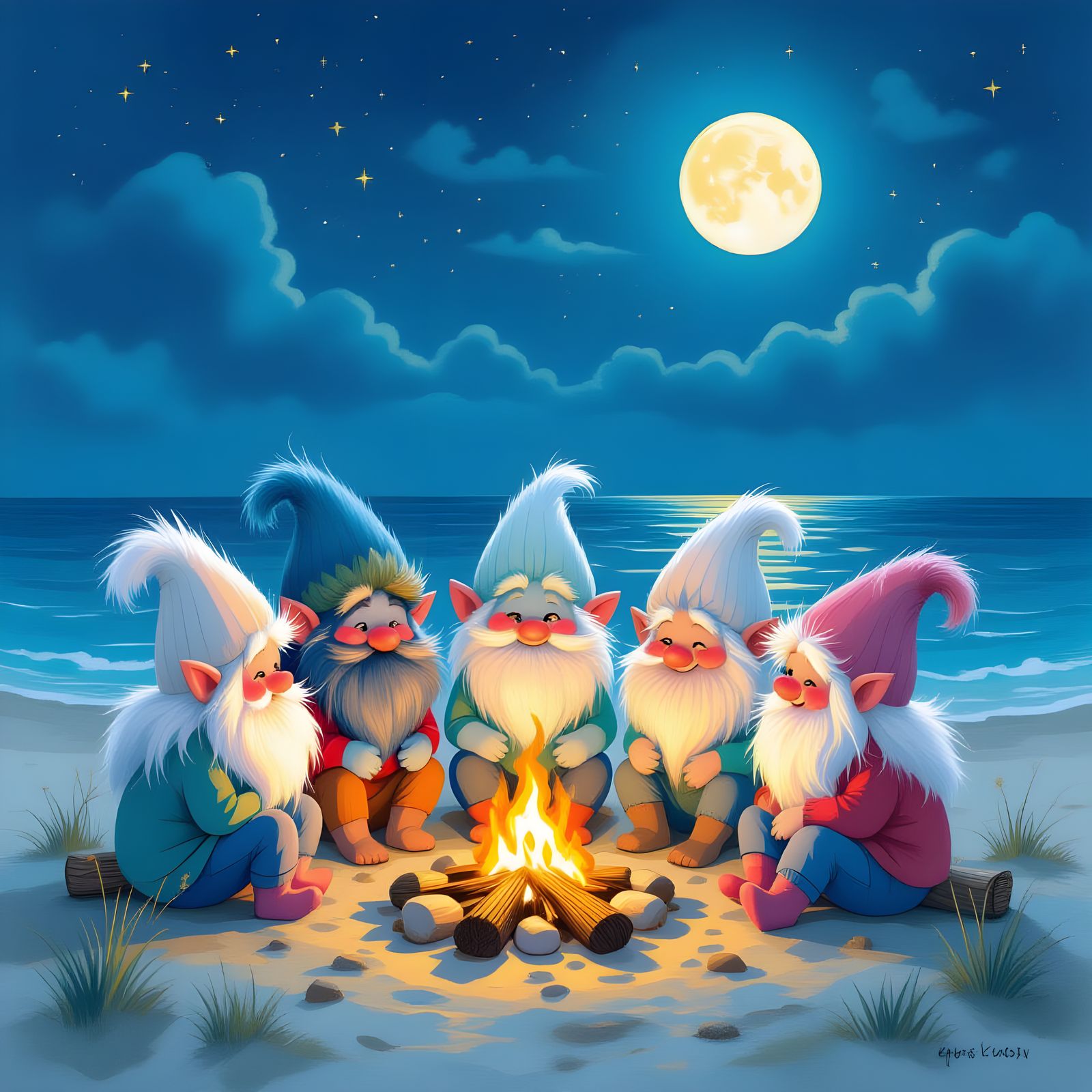 Trolls Gathered Around Campfire, Ethereal Pencil Illustratio...