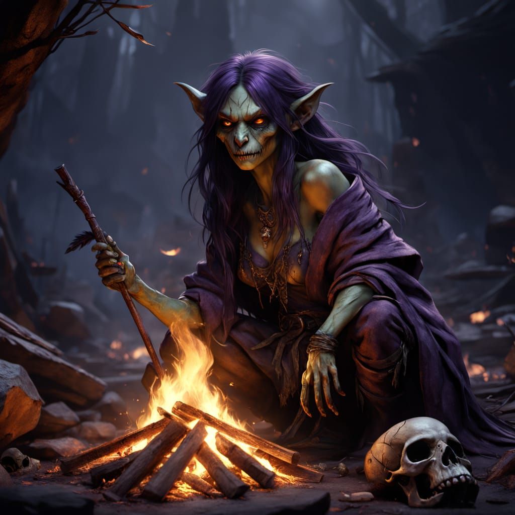 Dark Fantasy Goblin Witch in Smoldering Campfire Glow