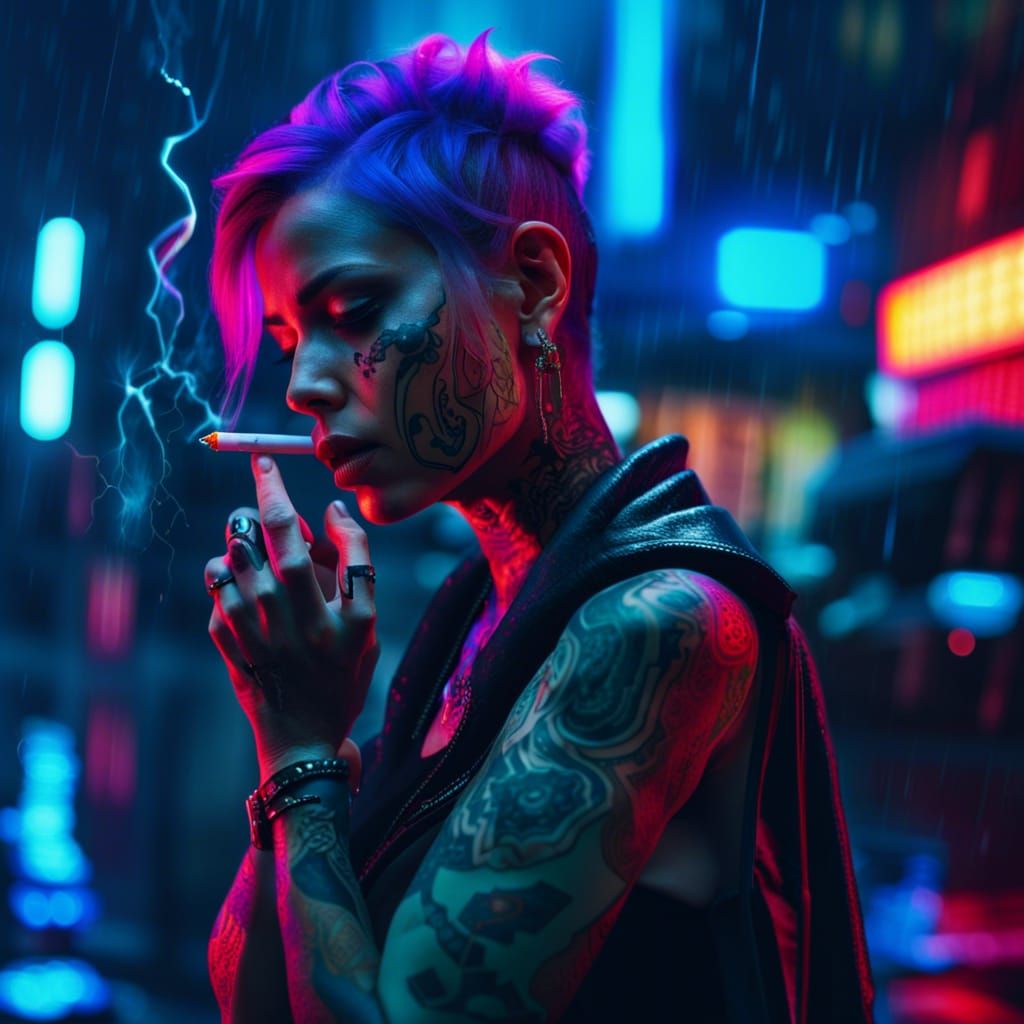 Neon City Gothic: Tattooed Woman in Rain