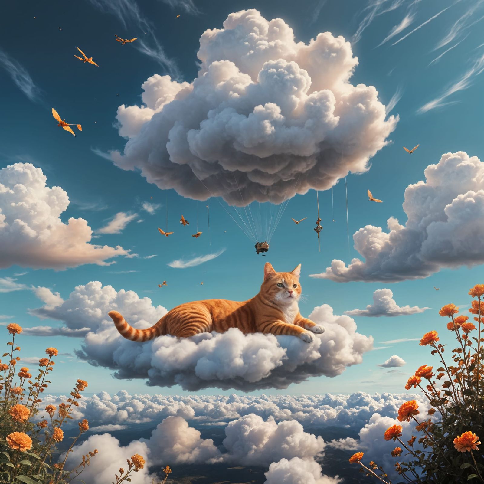 Whimsical Orange Feline Soars Above