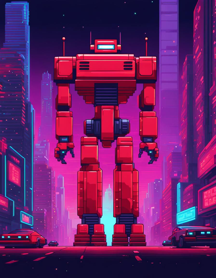 Red Robot in Neon Cyberpunk City - Pixel Art