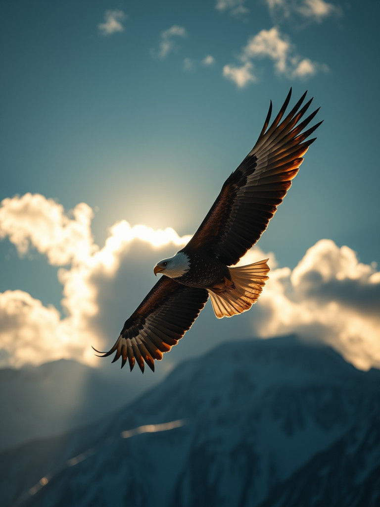 Eagle Soaring Above Snowy Mountains in Golden Light