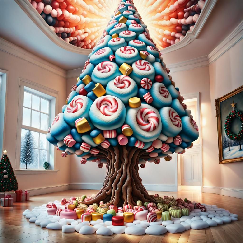 Surreal Marshmallow Christmas Tree in Oil Painting Style
