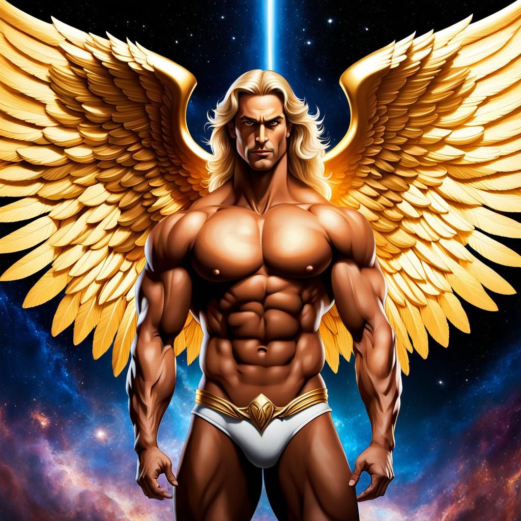 Angel Warrior Cradling Woman: Cosmic Digital Art