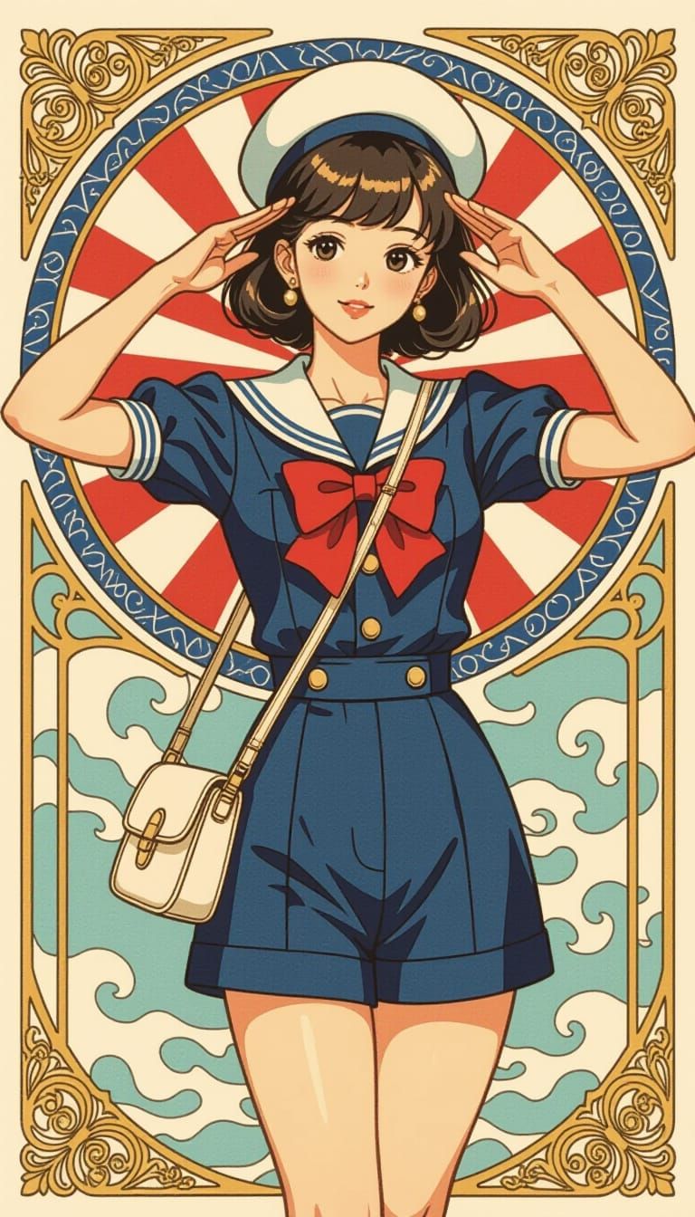 Sailor Fashion Sketch of Japanese Woman in Tokyo Harbor