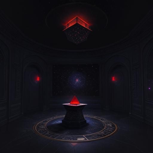 Ruby Pyramid in Starry Dark Room, Detailed Matte Painting