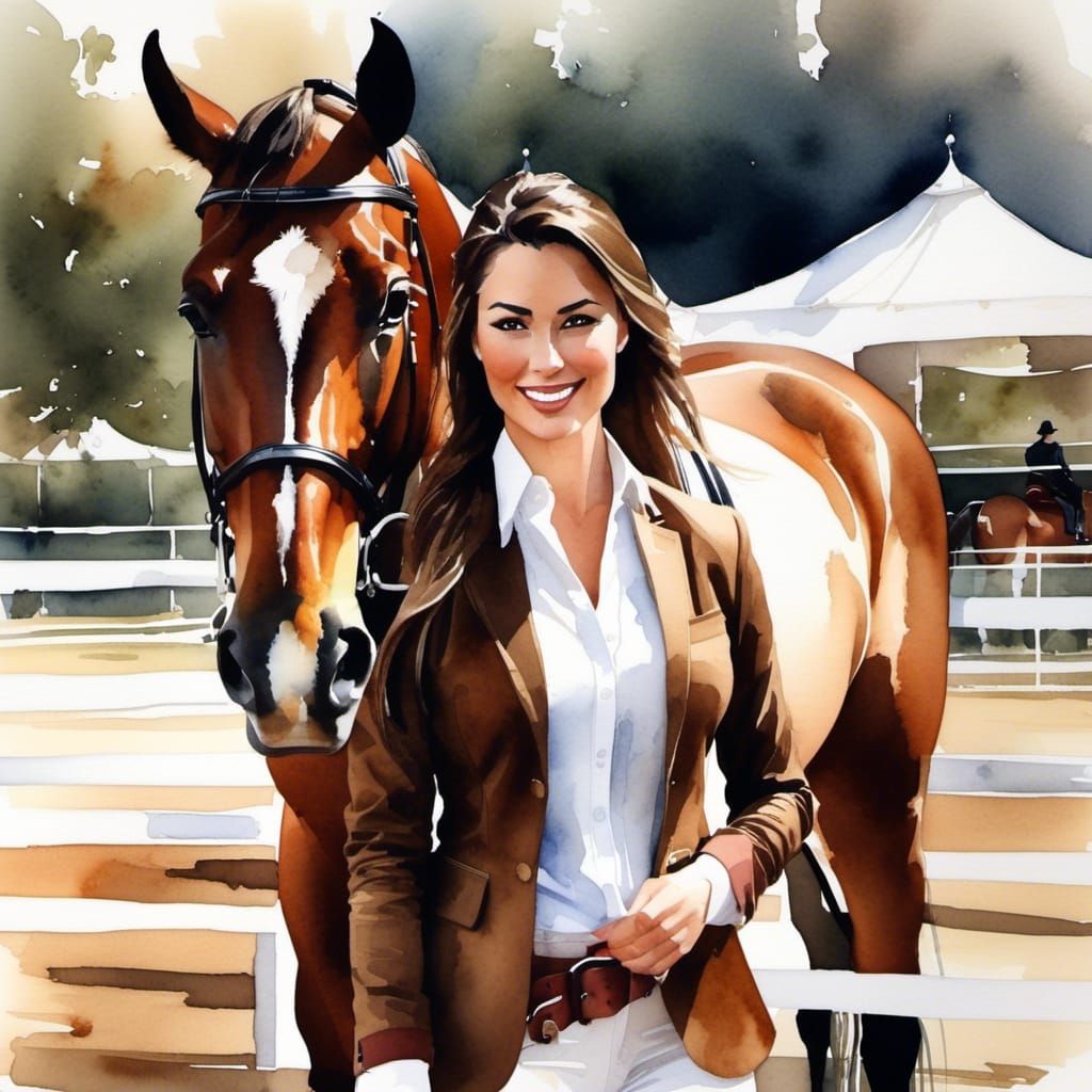 Eurasian Woman with Bay Horse: Watercolor Painting