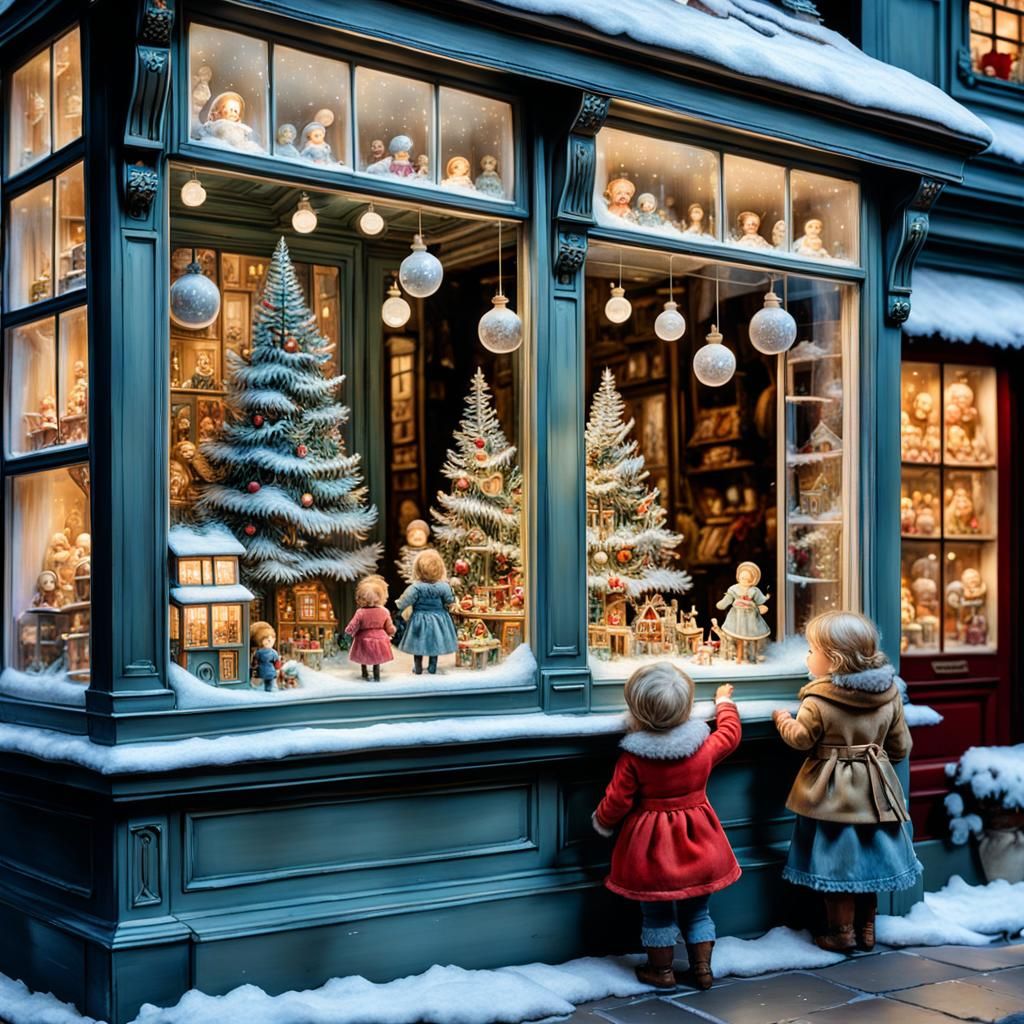 Magical Christmas Toy Shop Display as Gouache Painting