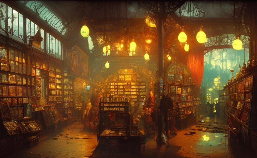 Victorian Circus Comic Shop Interior in Digital Art Style
