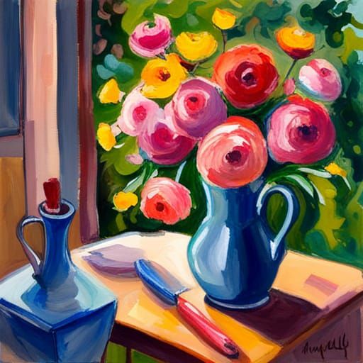 Impressionist Spring Garden in Gouache Style