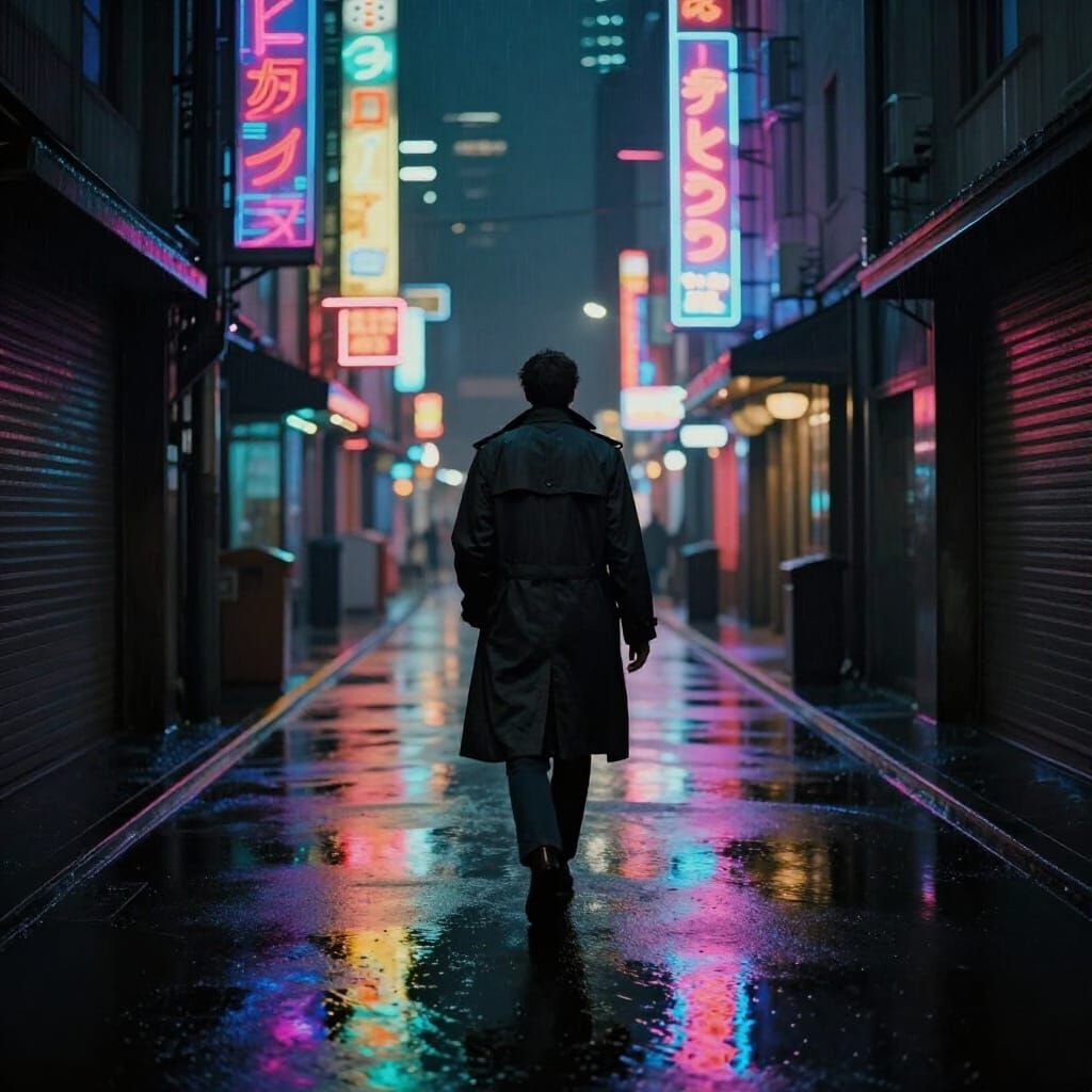 Cyberpunk Figure in Neon Alleyway