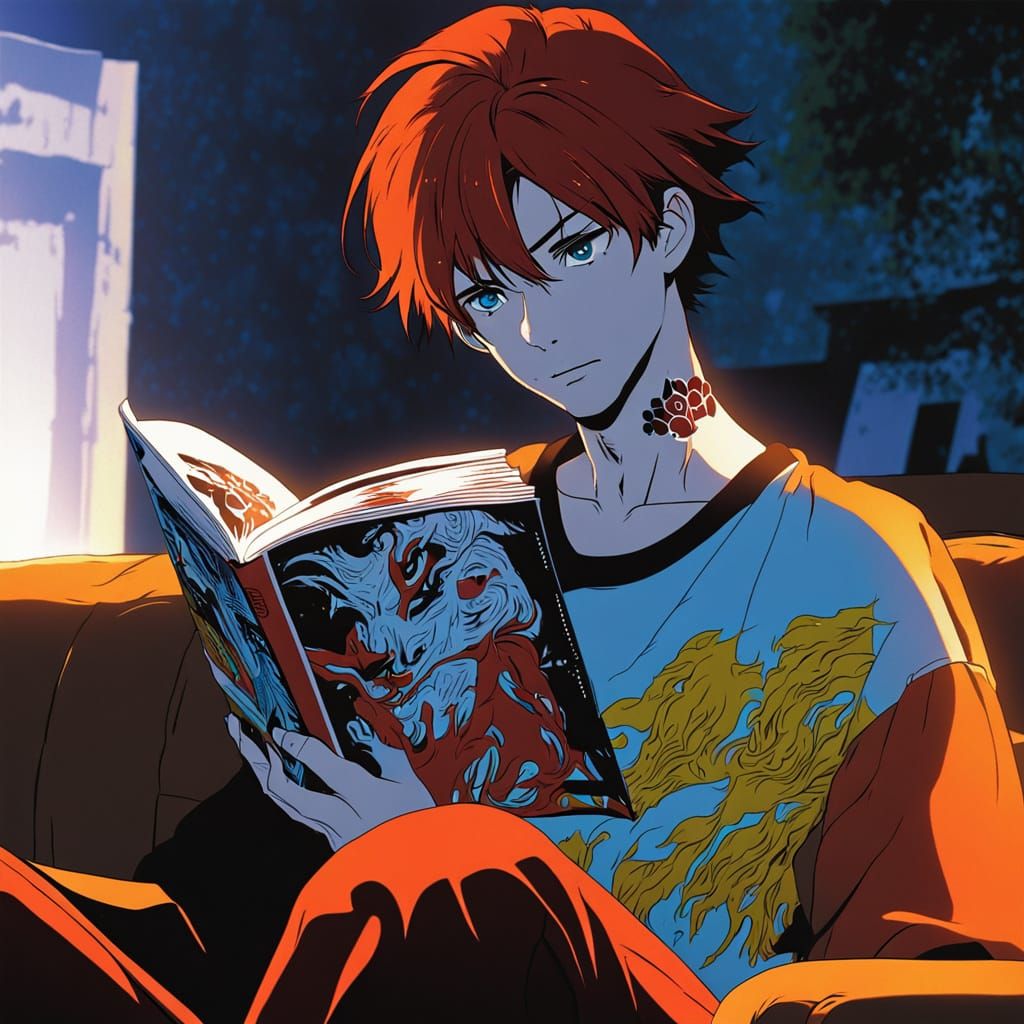 Anime-Style Teen Boy Reading Manga on Couch