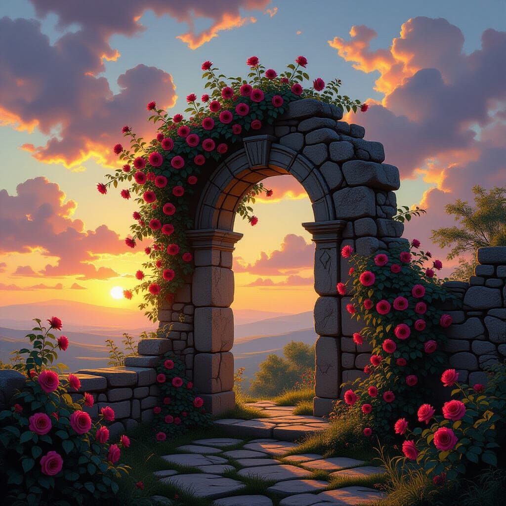 Ancient Rose-Covered Ruin at Sunset