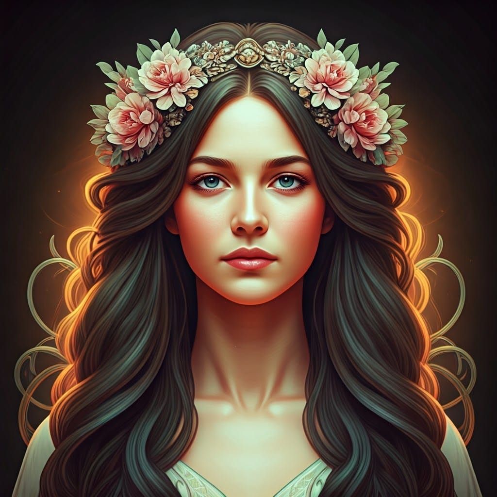 Regal Woman in Art Nouveau-Inspired Floral Crown