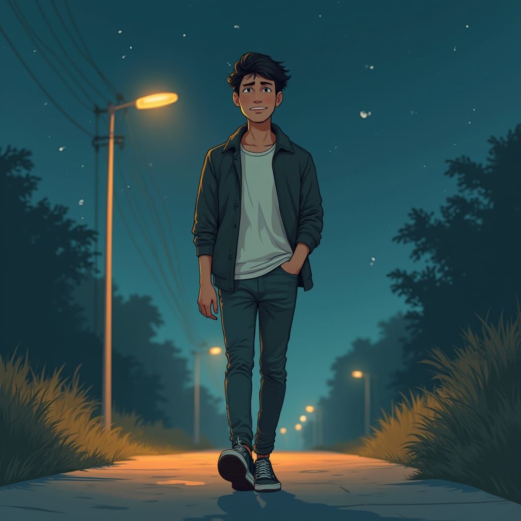 Minimalist Illustration of a Lonely Man at Night