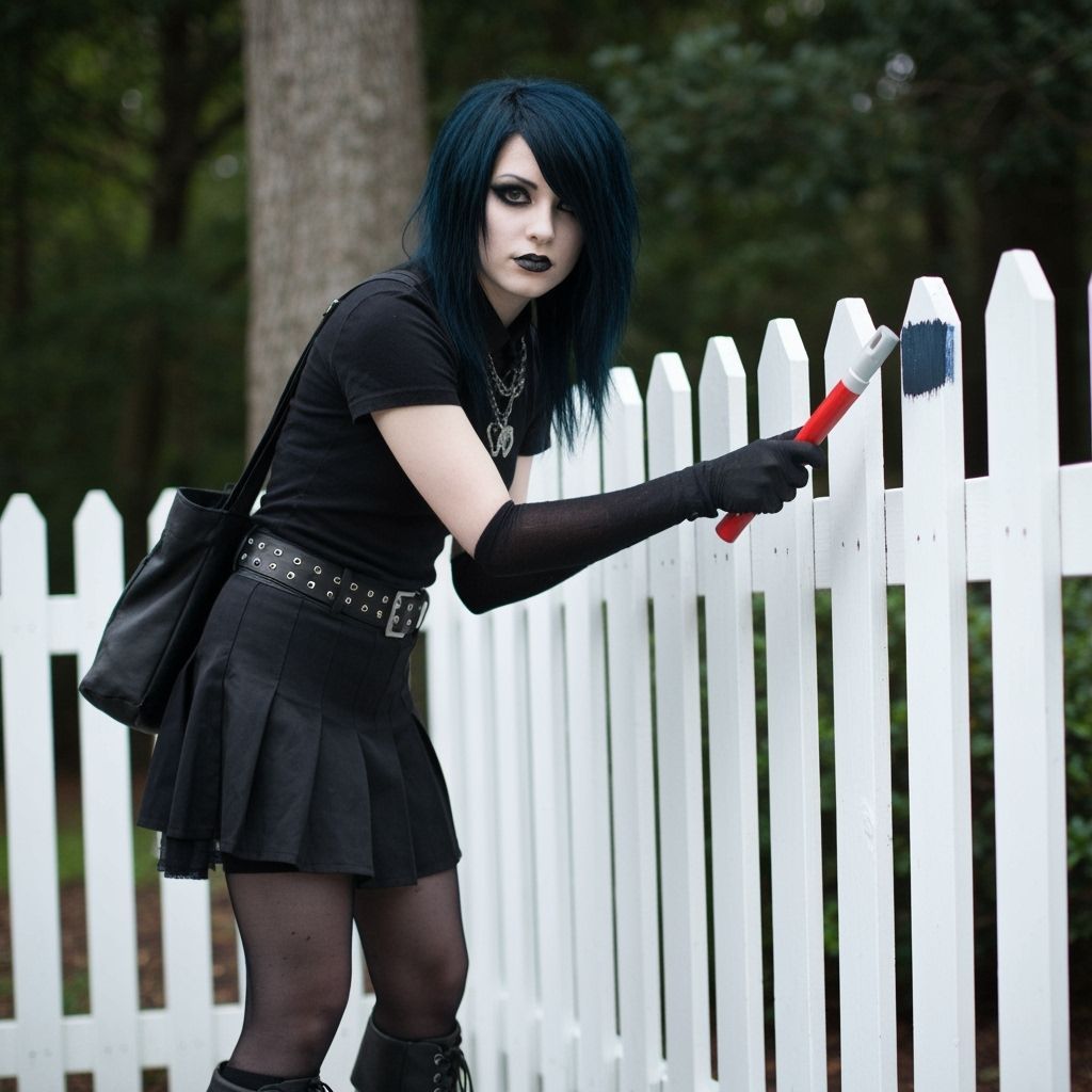 Goth Emo Woman Paints White Picket Fence