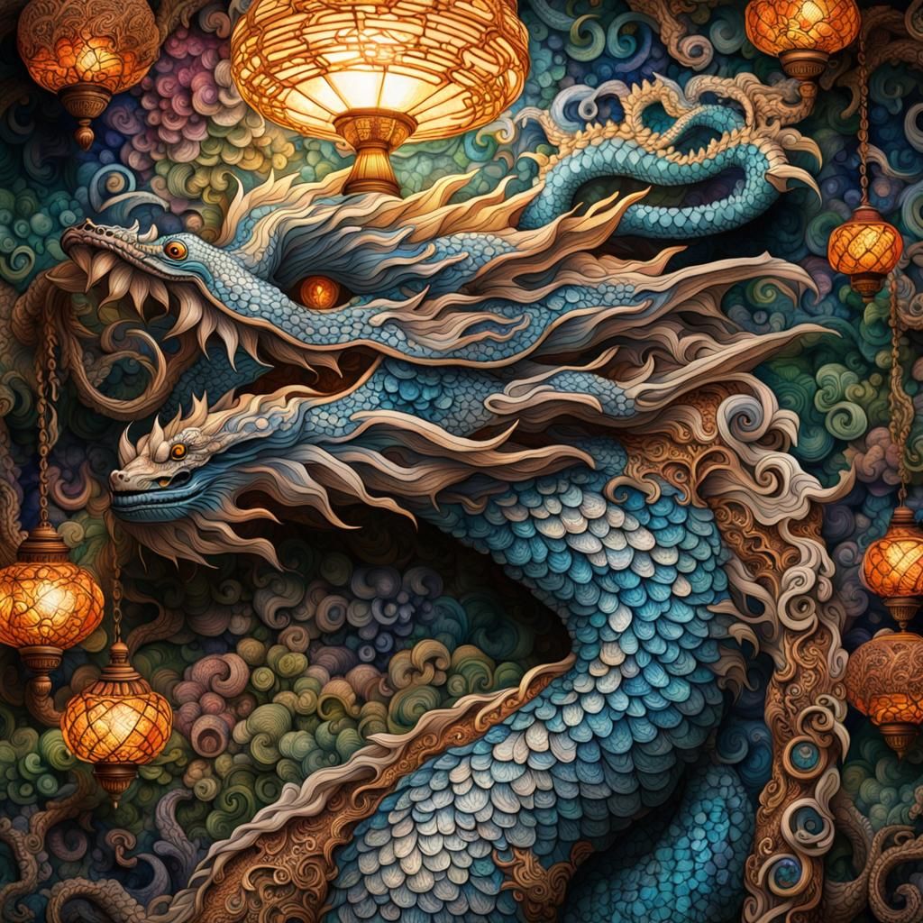 a hyper-realistic close-up of a zentangle Japanese hanging lamp of a dragon. in the style of Josephine Wall.