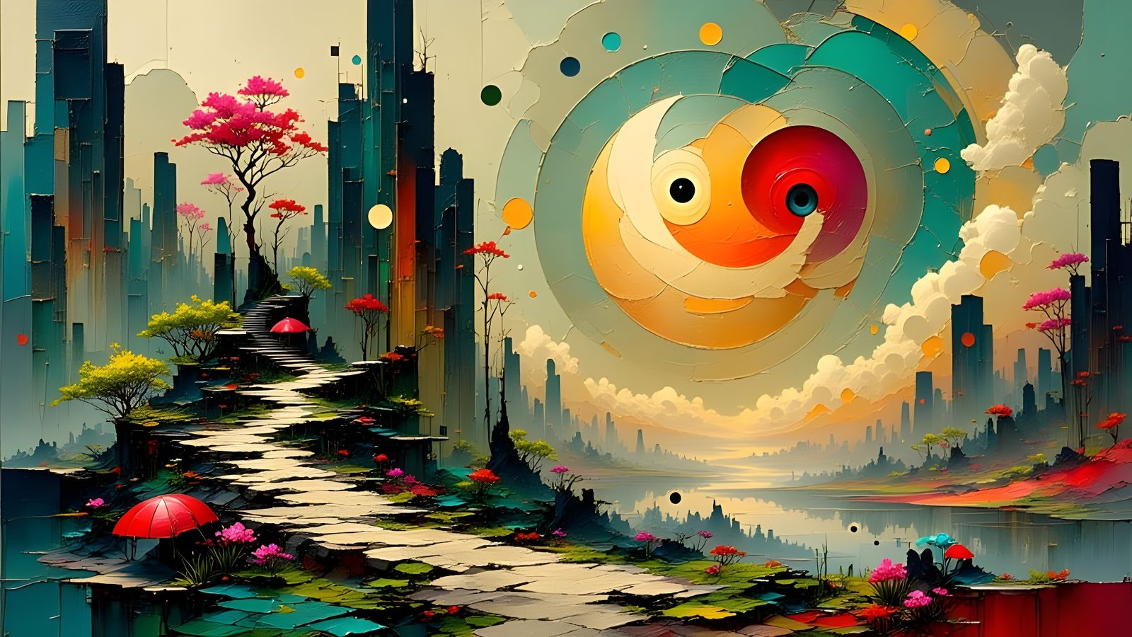 Vibrant Abstract Cherry Blossom Landscape in Dreamlike Style