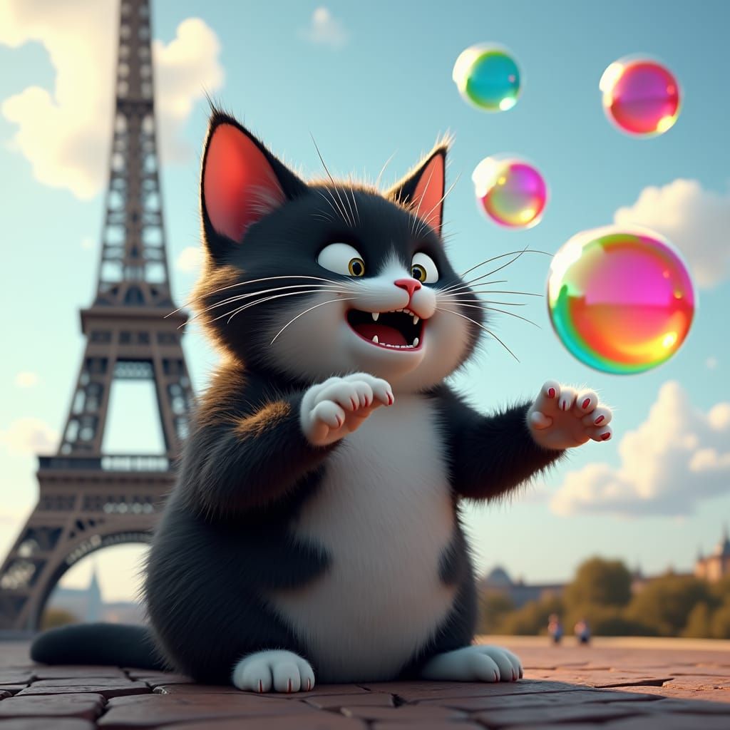 Cat Chasing Bubbles Near Eiffel Tower, Digital Art