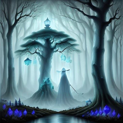 Cloaked Figure in Forest Mist, Surreal Oil Painting