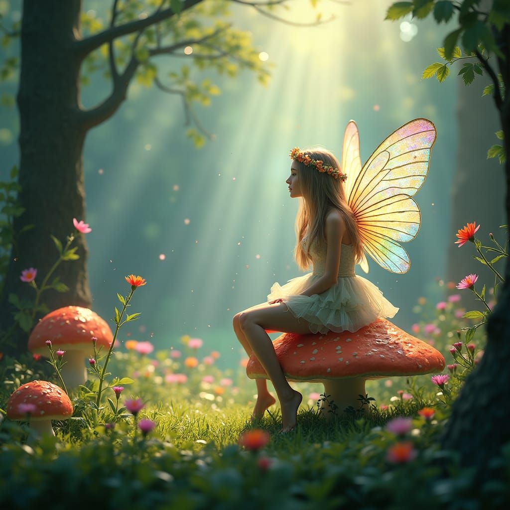 Faerie on Mushroom in Magical Forest: Fantasy Art