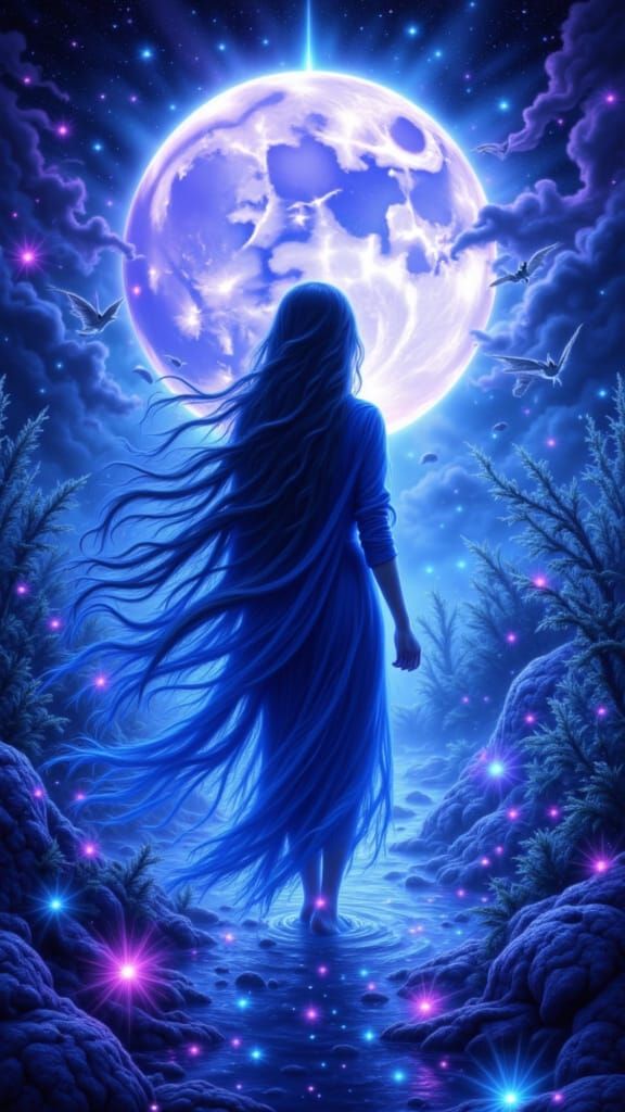 Mystical Woman Walks Towards Moon in Neon Landscape