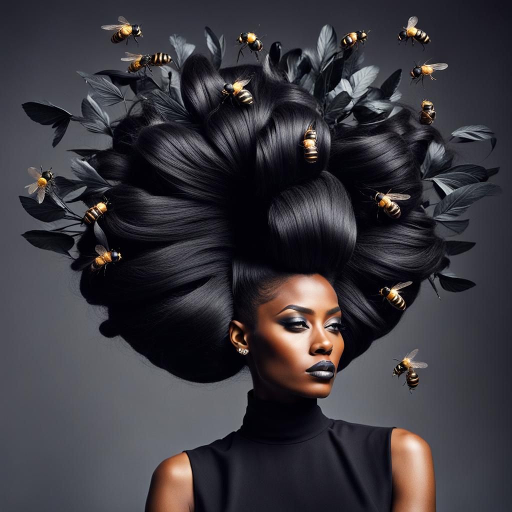 Black Woman's Beehive Hairstyle with Birds and Waterfall