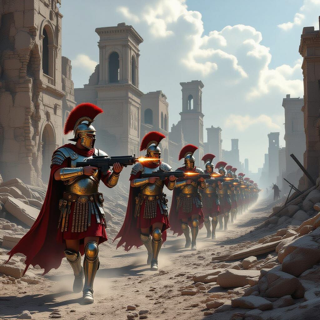 Roman Legionaries patrol the ruins of an alien city