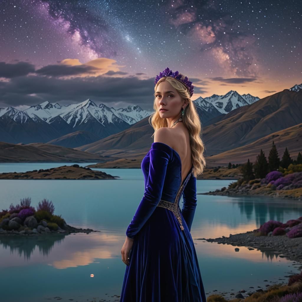 Woman in Velvet Gown by Lake Tekapo: Fantasy Art